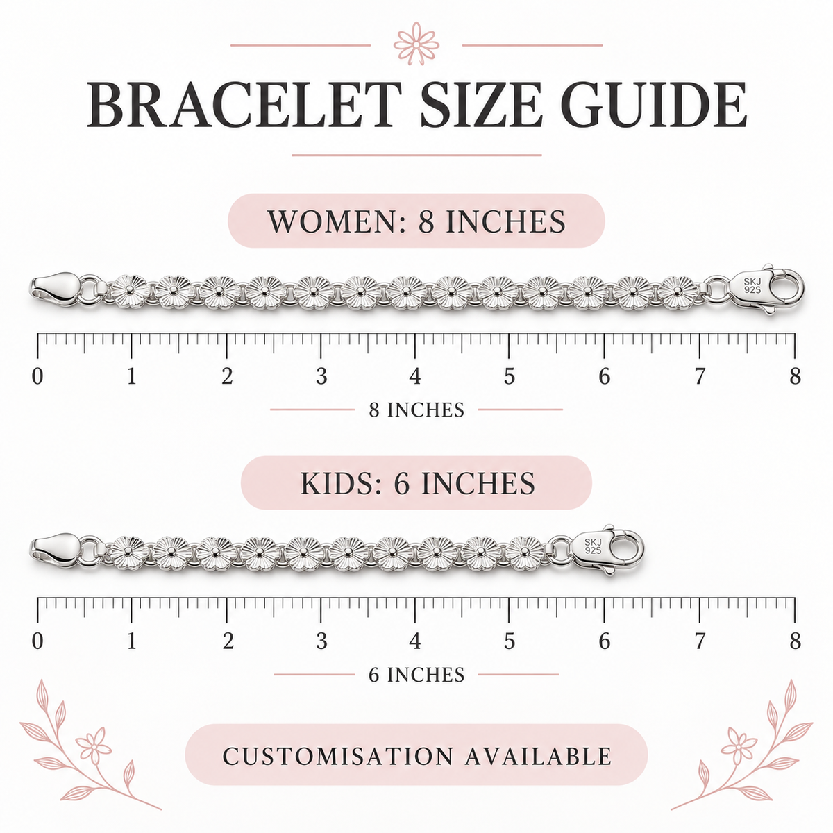 Size guide: Floral bracelet size guide showing eight inches for women and six inches for kids  