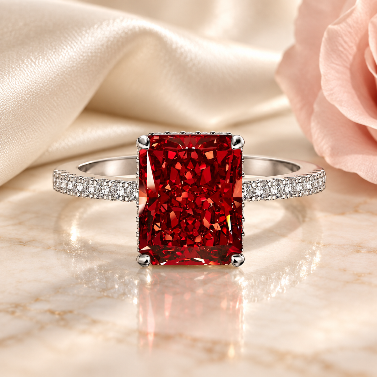 Scarlet Majesty Ring styled with ivory fabric and a soft blush rose