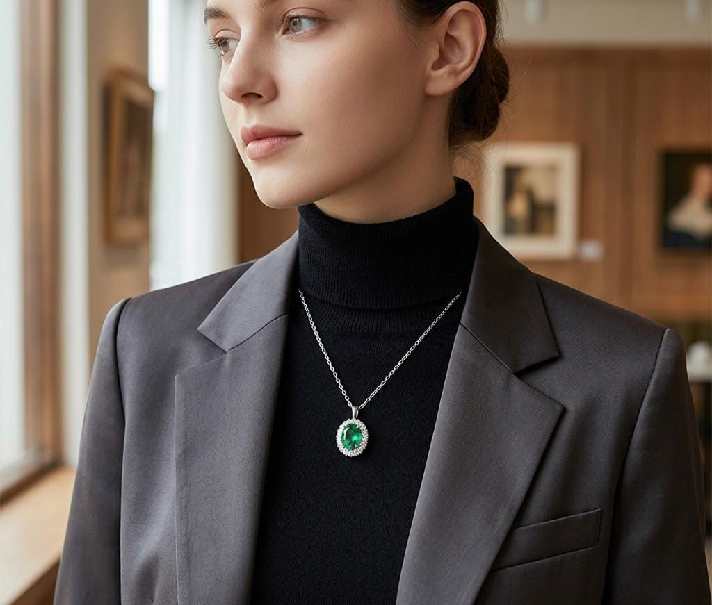 Oval Emerald Halo Necklace