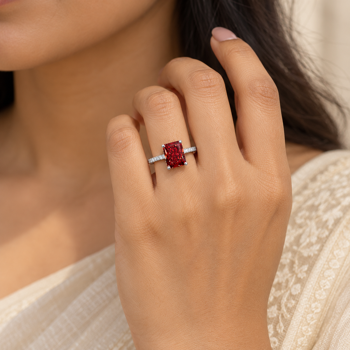 Scarlet Majesty Ring worn on an Indian woman’s hand at a realistic scale