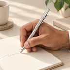 Wave-cut sterling silver ball pen held while writing at realistic scale