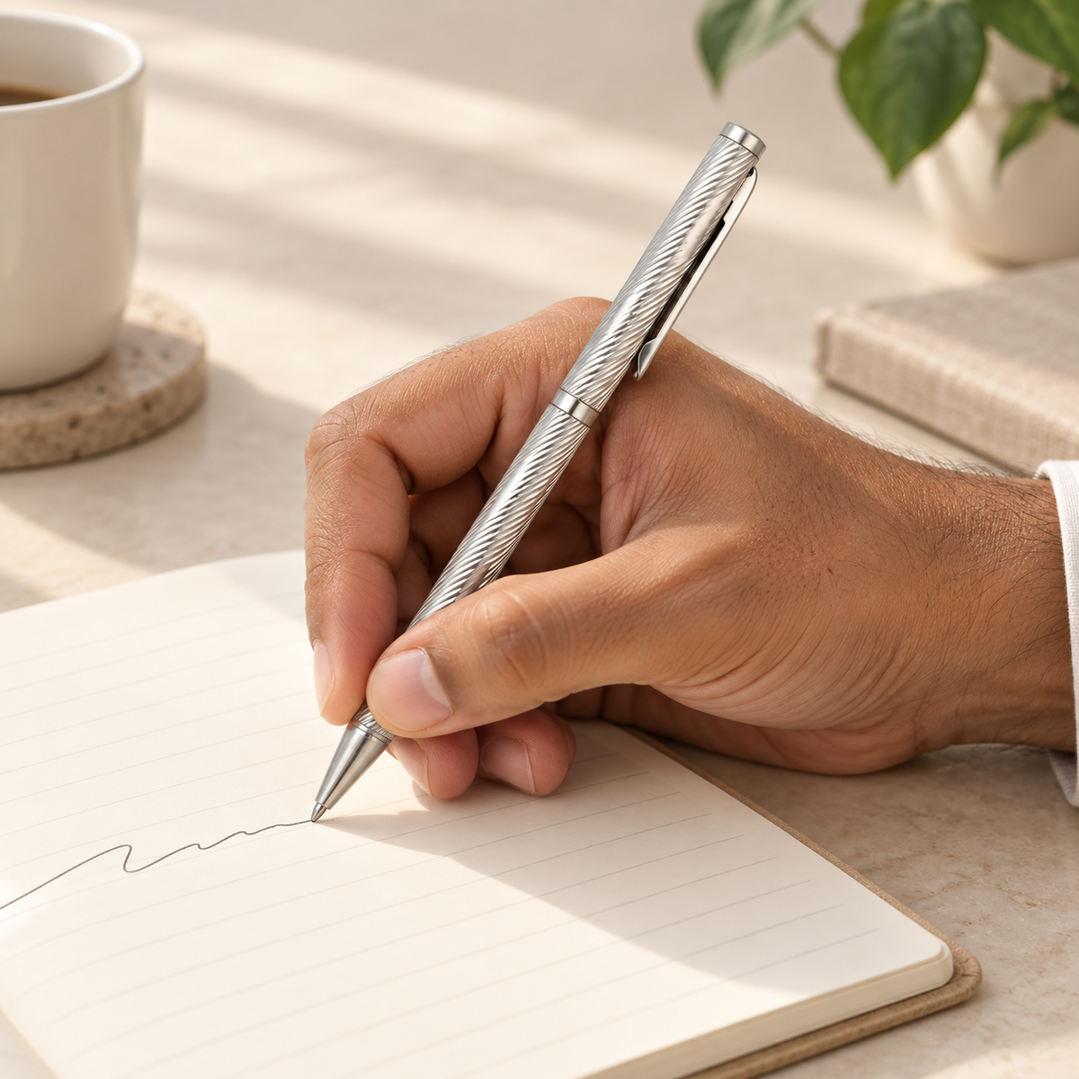 Wave-cut sterling silver ball pen held while writing at realistic scale