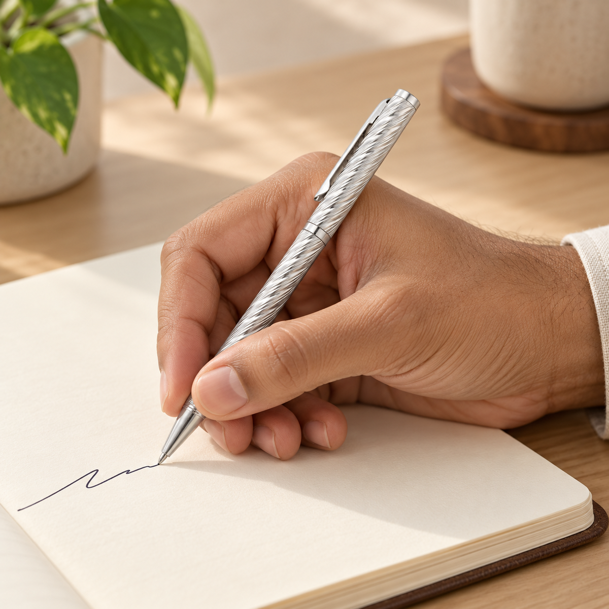 925 sterling silver ball pen held while writing at a realistic scale