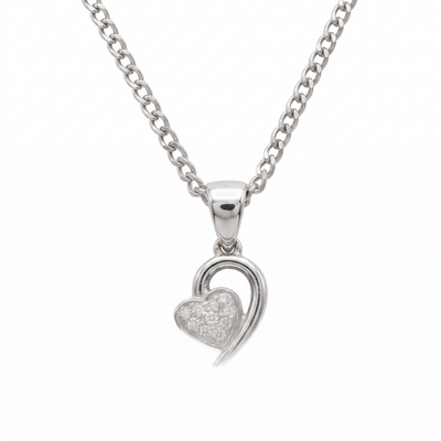 A silver chain necklace with a heart-shaped pendant, featuring a pavé-set clear crystal heart inside a polished silver heart outline, shown on a plain white background.