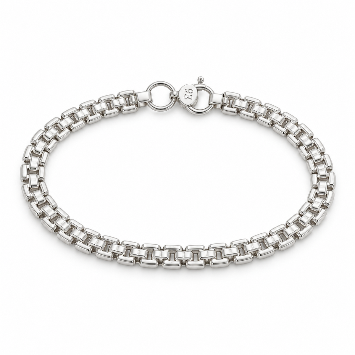 A silver-toned metal chain bracelet with a lobster clasp, shown on a plain white background. The clasp features a small engraved '895' mark indicating sterling silver.