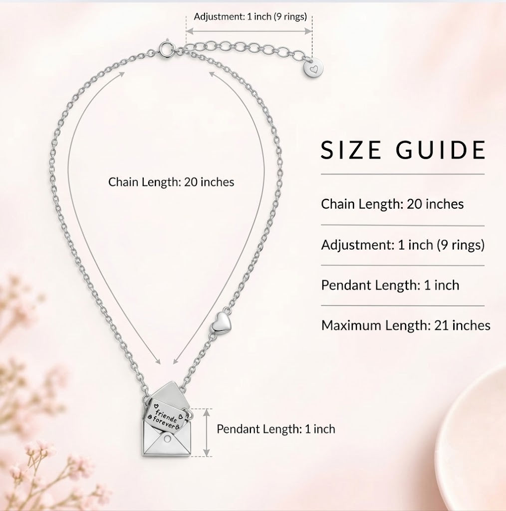 Silver necklace with a house-shaped pendant engraved with 'You are my home', shown with a size guide diagram on a soft pink background.