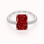 Top view of Scarlet Majesty Ring with rectangular red stone and symmetrical pavé band