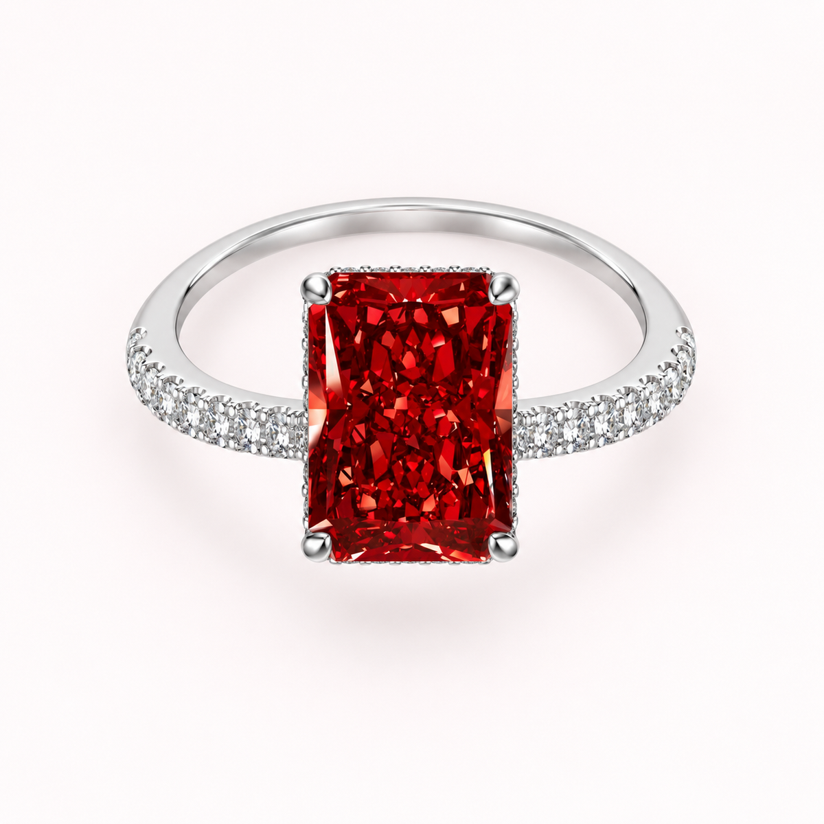 Top view of Scarlet Majesty Ring with rectangular red stone and symmetrical pavé band